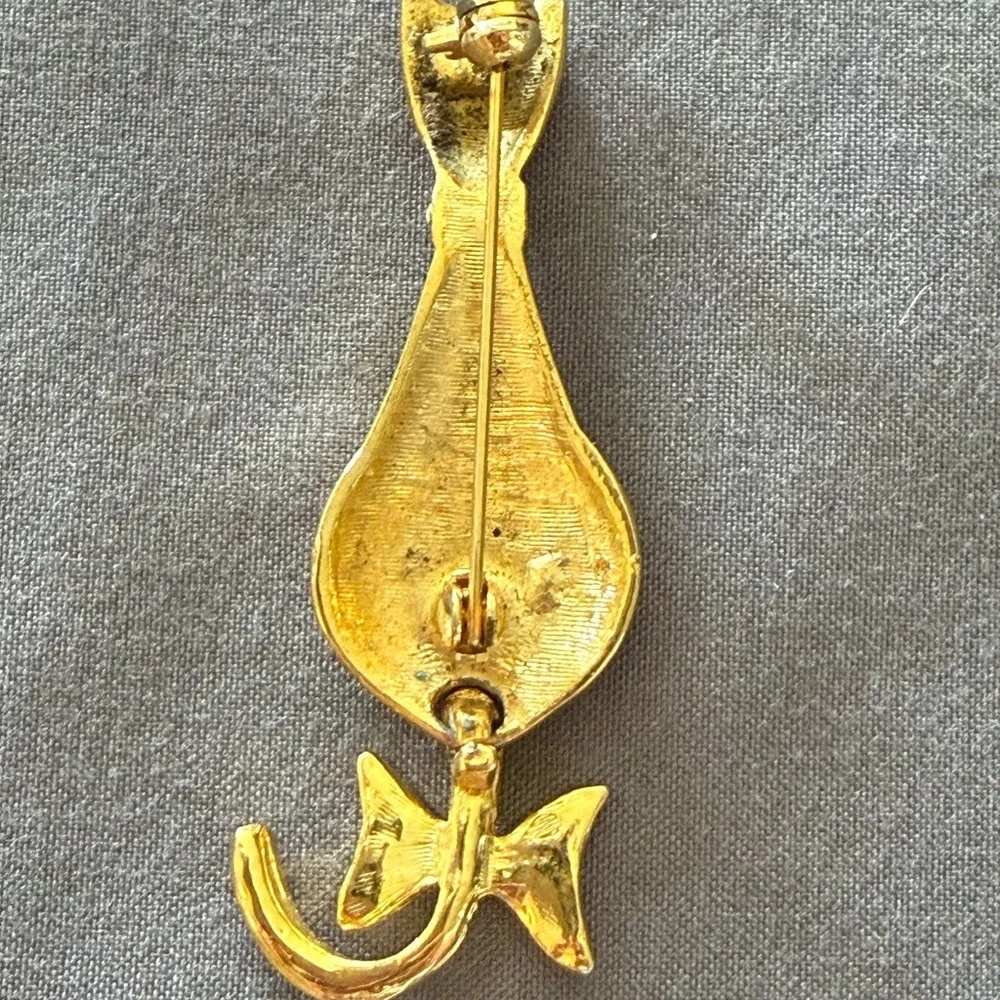 Vintage Gold Tone Cat Brooch Rhinestone Bow Kitty Pin Retro Cute 2.25”